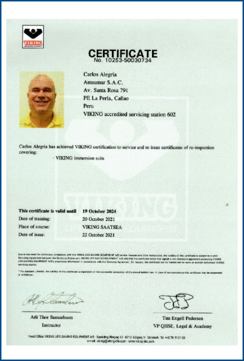Certificado de trajes de inmersión por parte de fabricante VIKING