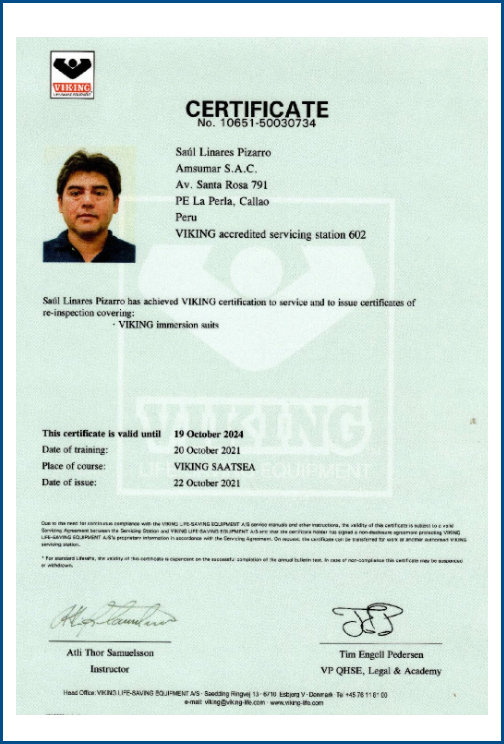 Certificado de trajes de inmersión por fabricante VIKING